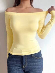 SHEIN BASICS 女款休閒極簡基本款性感純色露肩長袖修身合身上衣 海軍藍 日常外出約會秋季上衣 - 淡黃色 - 查看 4