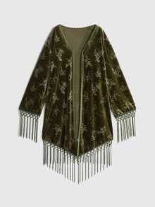 ROMWE Hippie Elegant Vintage Floral Tassel Hem Jacket - Green - View 1