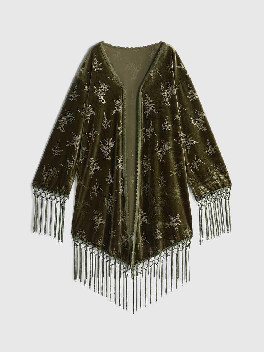ROMWE Hippie Elegant Vintage Floral Tassel Hem Jacket - Green - View 1