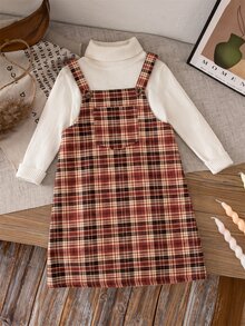 Emery Rose Kids Emery Rose Kids 女童可愛棕色格紋吊帶連身裙，附荷葉邊口袋與肩帶設計 - 紅色 - 查看 6