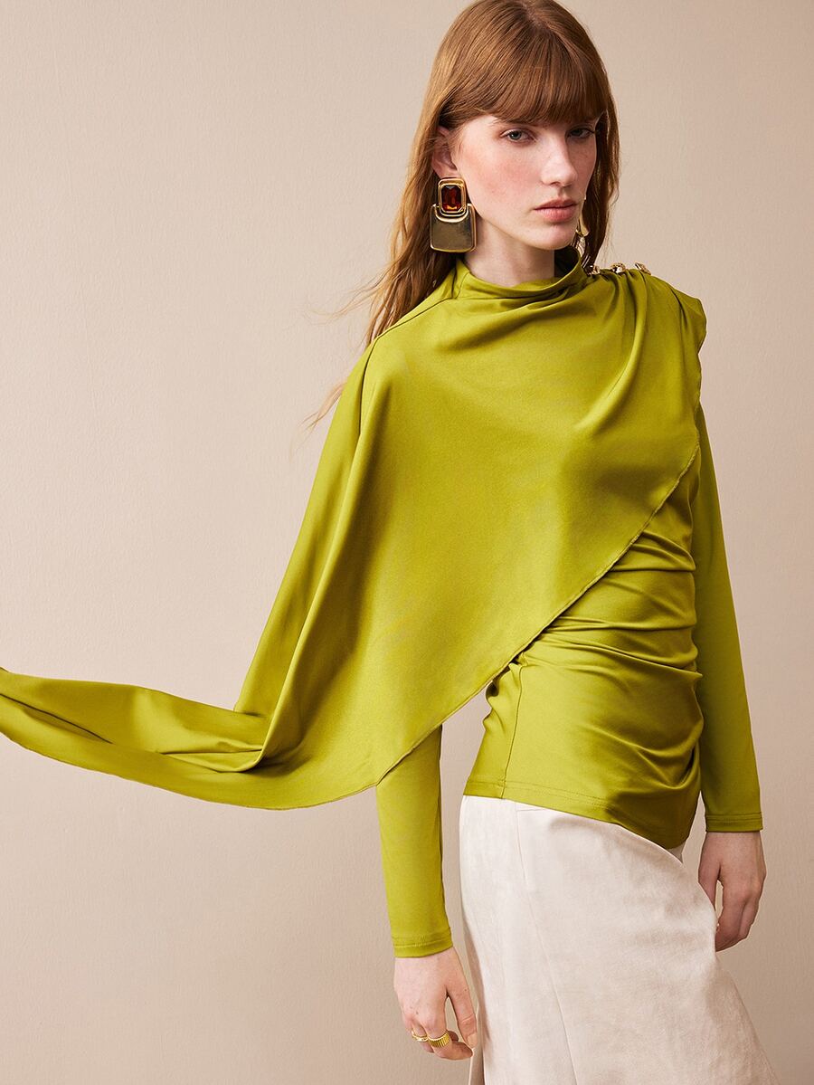 Arave Women's Blouse Slim Ruched Fit Stretch Drape Knit Asymmetric Overlay Wrap Neck Metal Buckle Modern Olive Green Solid Long Sleeve Tops For Women Christ - Mustard Yellow - View 1