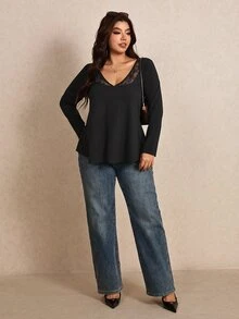 Elaquor Plus Size Women Lace Patchwork Casual Daily Wear T-Shirt - Black - View 4