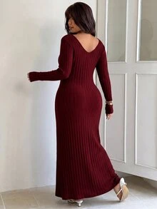 SHEIN EZwear Plus Solid V Neck Bodycon Dress Date Night Dress, Winter - Burgundy - View 2