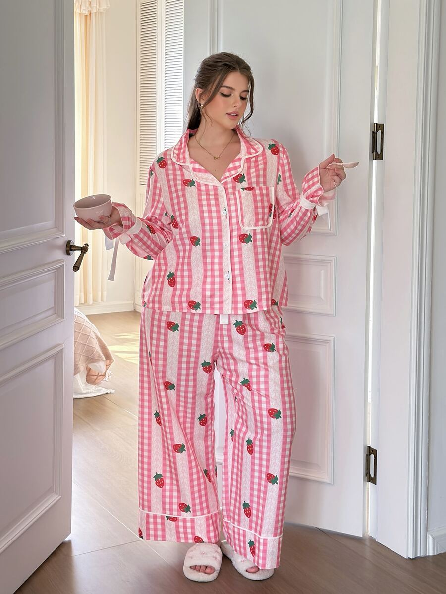 Slumberry CURVE Striped Heart Print Lapel Front Button Bowknot Long Sleeve Plus Size Pajama Set - Pink - View 1
