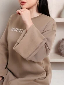 Veilorie Women's Letter Embroidery Round Neck Dropped Shoulder Long Sleeve Casual Loose Long Dress - Khaki - View 7