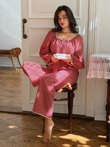 DAZY Women's Plaid Long Sleeve Top And Pants Casual Daily Home Pajama Set - Red - View 3