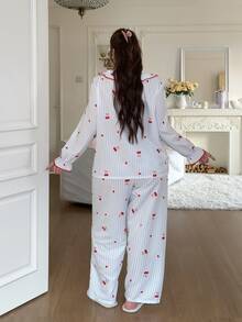 Slumberry CURVE Sweet & Cute Cherry & Heart Print Pajama Set, Romantic Elegant Plus Size Sleepwear Set For Girls - Multicolor - View 2