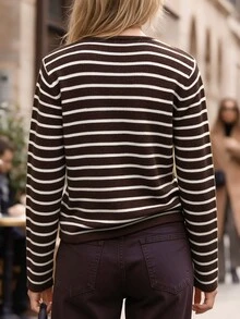SHEIN LUNE 女款條紋休閒百搭日常穿著開襟衫 - 咖啡棕 - 查看 2