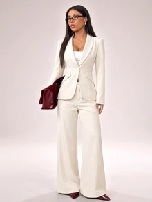 SHEIN PETITE Elegant Suits Two Pieces Outfits,Single-Button Blazer Set And Suit Pants,Autumn Office Business Corporate Attire For Commuting ,Petite Women - Apricot - View 1