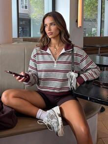 Aloruh 女款灰色與酒紅條紋圖案領口長袖衛衣，現代都市時尚商務辦公穿搭，低調老錢風，優雅高端通勤機場造型，經典百搭街頭咖啡廳穿搭 - 彩色 - 查看 2