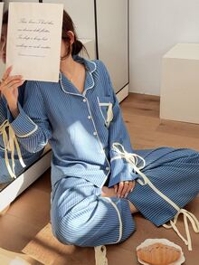 Dream Adore Korean Style Striped Lapel Bow Pajama Set, Long Sleeve & Long Pants, Spring/Autumn Loungewear - Blue - View 3
