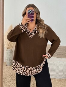 SHEIN CURVE+ 大尺碼女款休閒豹紋插肩袖圓弧下擺 2-In-1 上衣（秋季風格）秋季 - 棕色 - 查看 8