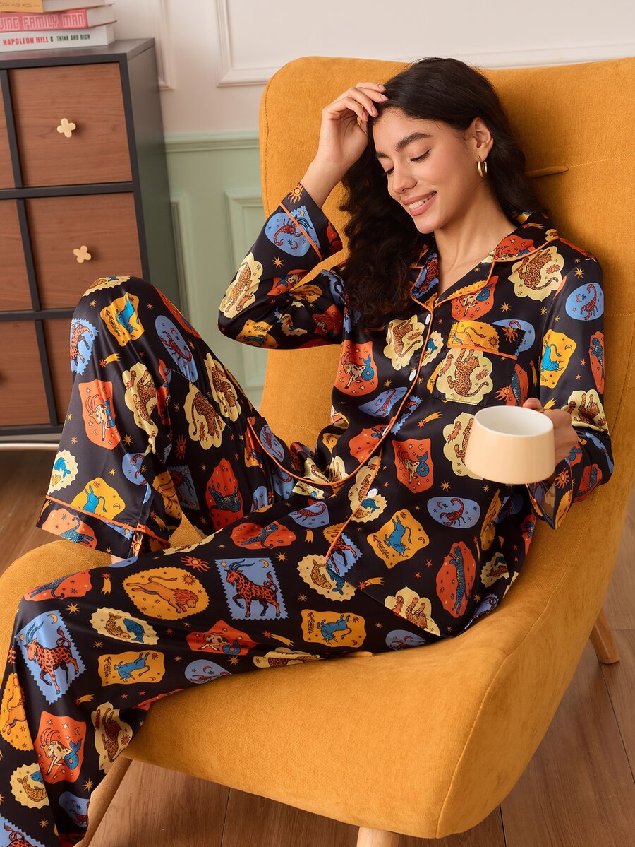 SHEIN Bộ đồ ngủ satin in kỹ thuật số cho nữ - Nhiều màu - Xem 1
