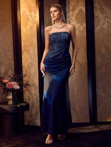MOTF Soiréza WOMEN'S AUTUMN/WINTER OCCASION WEAR SEQUIN PATCHWORK ABSTRACT ART PRINT STRAPLESS LONG DRESS - Navy Blue - View 4