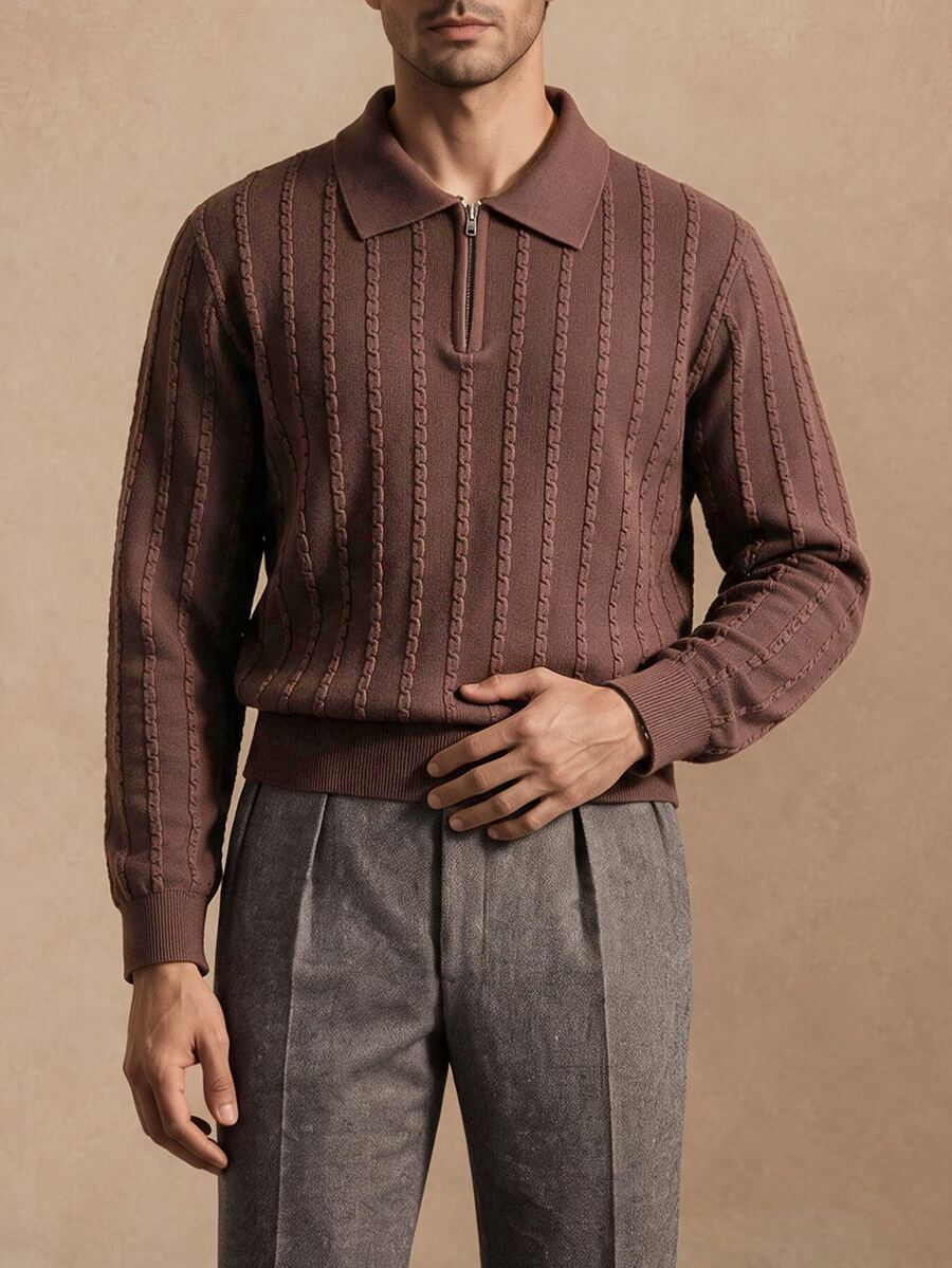 Core Aspect Men's Old Money Style Autumn/Winter Coffee-Colored Core-Spun Yarn Knitted Zip-Up Polo Collar Sweater - Coffee Brown - View 1