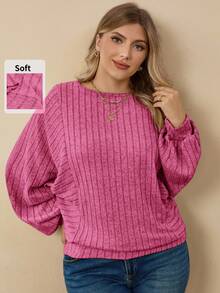 Rosumi Plus Size Women's Ribbed Long Sleeve Soft Form Business Casual Loose Crew Neck Sweatshirt Autumn Dates Office Vacation Light Blue - Hot Pink - View 2