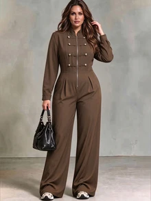 Linhara CURVE Plus Size Woven Elegant Autumn One-Piece Pants - Coffee Brown - View 7