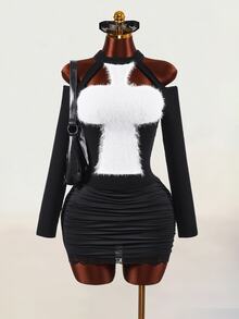Mistrie Women's Cross Pattern Cold Shoulder Long Sleeve Fashion Slim Fit Sweater - Black and White - View 3