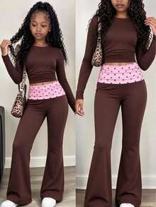 SHEIN 青少年女孩休閒寬鬆純色長袖圓領上衣與喇叭褲兩件套服裝組合 Teena 健身運動黑色秋季穿搭 - 棕色 - 查看 1