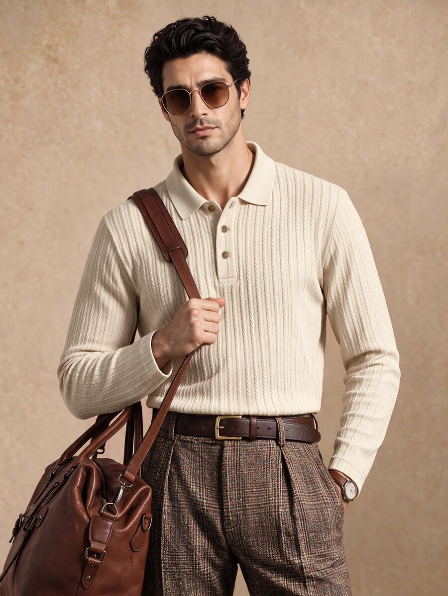 Core Aspect Men's Beige Jacquard Long Sleeve Polo Shirt, Suitable For Daily Casual Wear - Apricot - View 1
