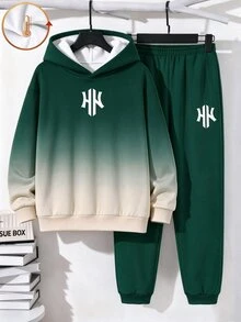 青少年男孩休閒簡約長袖連帽舒適運動衫 2件套，適合秋冬穿著 - 彩色 - 查看 2