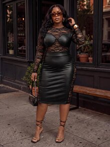 Slaydiva Plus Size Sexy Lace PU Material Dress - Black - View 5