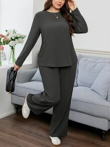 Easowa Curve 2件組大尺碼長袖上衣與迷彩印花長褲套裝，女款軍綠色秋季休閒日常穿著，迷彩兩件式居家休閒套裝 - 灰色 - 查看 4