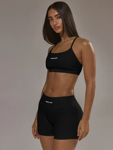 Musera Petite Two Pieces Strappy Backless Sports Bra With Fitted Petite Mini Shorts Daily Active Gym Workout Fall Autumn Winter Pilates - Black - View 3