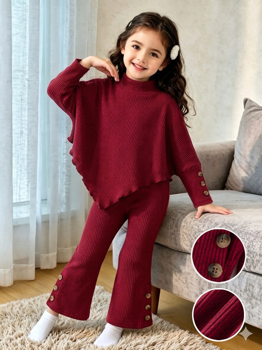 SHEIN Playful Pals 青少年女孩春秋冬休閒T恤套裝,棕色鈕扣裝飾,不對稱高領羅紋刷毛針織上衣 + 喇叭褲套裝 - 酒紅色 - 查看 1