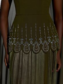 Elitara Elegant Army Green Knit Chiffon Strapless Evening Gown With Rhinestone And Bead Embellishments And Tassel Hem - Army Green - View 7
