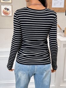 SHEIN 孕婦休閒條紋修身長袖T恤，適合秋季萬聖節秋冬休閒穿搭 - 黑色 - 查看 4