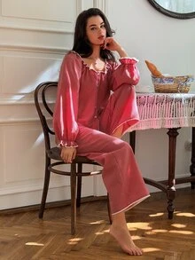 DAZY Women's Plaid Long Sleeve Top And Pants Casual Daily Home Pajama Set - Red - View 4