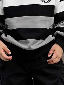 2件組小男孩圓領運動衫與工裝褲套裝，拼色寬條紋長袖上衣，適合假期派對休閒舒適，小男孩春夏秋冬首選時尚休閒穿搭，春夏秋冬街頭風，外出休閒套裝返校派對 - 黑色 - 查看 3