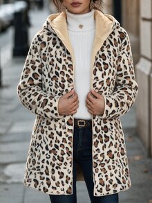 SHEIN Clasi Jaket Wanita Lengan Panjang Berkerudung dengan Resleting dan Potongan Reguler Motif Leopard - MultiWarna - View 5