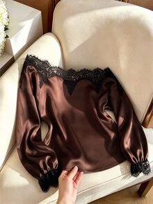 TaskSense European And American Style Deep Brown Satin Asymmetrical Shoulder Top Women's Black Eyelash Lace Patchwork Lantern Long Sleeve Blouse - Chocolate Brown - View 4