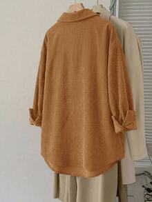 SHEIN LUNE 大尺碼女款純色長袖休閒寬鬆襯衫，秋季感恩節辦公正式度假風，棕色 - 駝色 - 查看 7