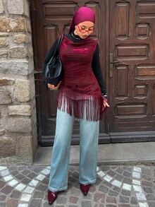 Solavon New Design Cowl Neck Fringe Patchwork Flocked Top - Burgundy - View 4
