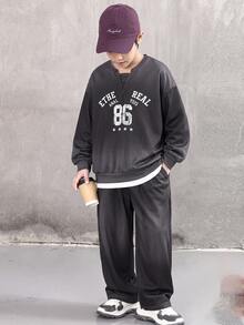2pcs Kids Tween Boy Casual College Style Dark Gray Letter Graphic Hoodie & Dark Gray Straight Leg Sweatpants Set, Suitable For School, Home, Daily Wear, Sports, Versatile And Simple - Dark Grey - View 4