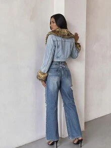 SHEIN Glamour 女款毛領長袖單排扣休閒牛仔外套 - 霧霾藍 - 查看 3