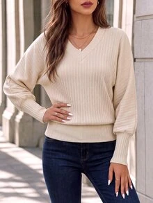 Editum Women's Solid Color V-Neck Casual Daily Long Sleeve Sweatshirt - Apricot - View 5