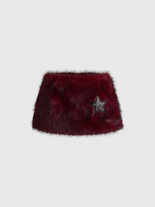 ROMWE Grunge Punk Burgundy Faux Fur Ultra Mini Skirt With Star Patchwork And Built-In Shorts, Punk Style For Women - Burgundy - View 1