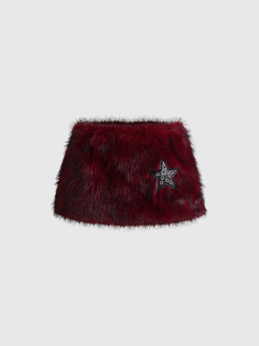 ROMWE Grunge Punk Burgundy Faux Fur Ultra Mini Skirt With Star Patchwork And Built-In Shorts, Punk Style For Women - Burgundy - View 1
