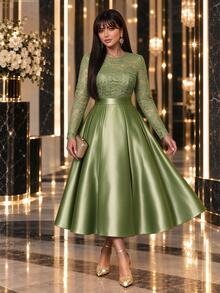 Auveirra Đầm satin phối ren size lớn - màu xanh lá - Xem 4