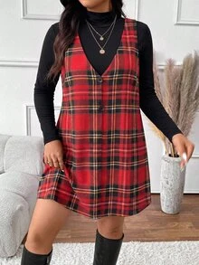 SHEIN Frenchy Casual Plus Size Women's Plaid Pattern Top And Solid Color Dress 2 Pieces Set, Autumn New Style - Multicolor - View 6