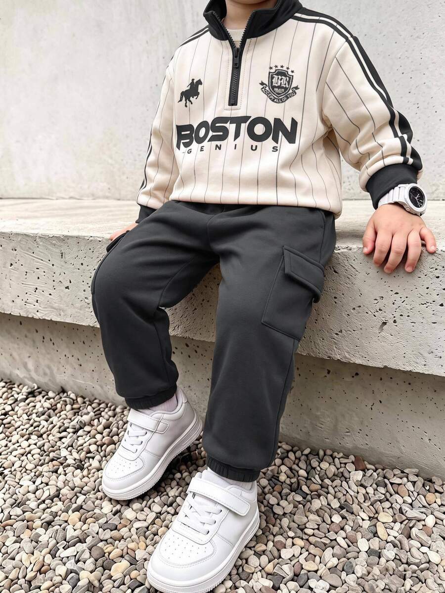 SHEIN 兒童小男孩字母圖案針織柔軟圓領長袖半拉鍊套頭衛衣與彈性腰長秋季長褲 2件套 - 彩色 - 查看 1