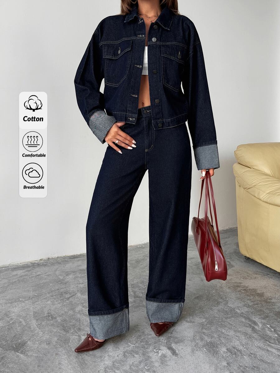 SHEIN Women Dark Blue Washed Jacket & Wide Leg Jeans Two Pieces Denim Set Petite - Dark Wash - View 1