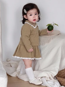 DAZY 2pcs Baby Girls' Lace Patchwork Collared Long Sleeve Cardigan And Pleated Skirt Knit Sweater Set Fall,Winter Toddler Girls Clothes - Mocha Brown - View 1