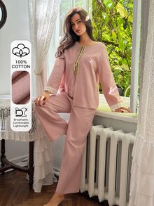 DAZY Women's Colorblock Pleated Top, Cardigan And Long Pants Casual Daily Home Sleepwear Set - Pink - View 4