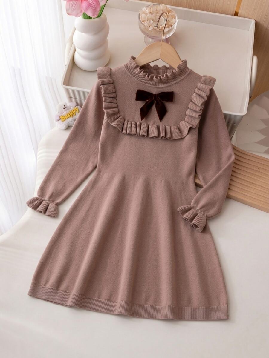 SHEIN 女童秋冬時尚重工手工蝴蝶結長袖洋裝 - 棕色 - 查看 1