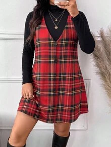 SHEIN Frenchy Casual Plus Size Women's Plaid Pattern Top And Solid Color Dress 2 Pieces Set, Autumn New Style - Multicolor - View 3